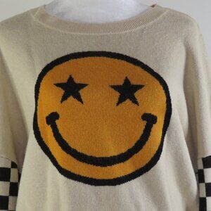 Womens Tan Checkered-Long-Sleeve Pullover Smiling Emoji Sweater Crop Top Size L